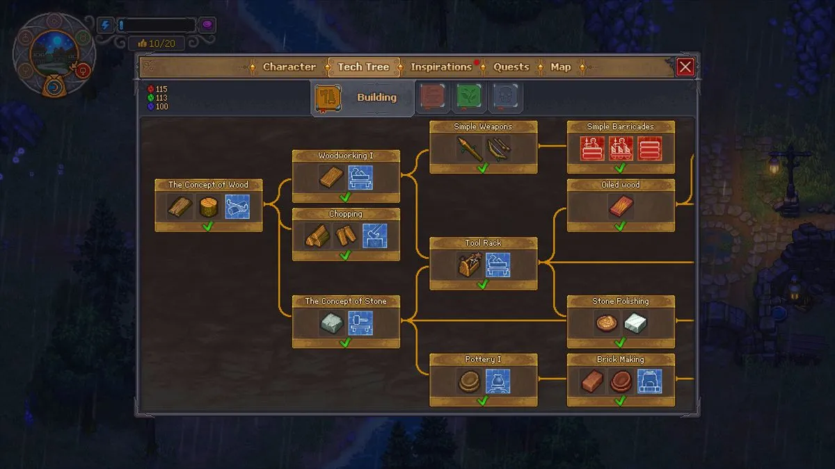 Graveyard Keeper 2 technology tree screen showing the stonework, glassmaking and autopsy branches
