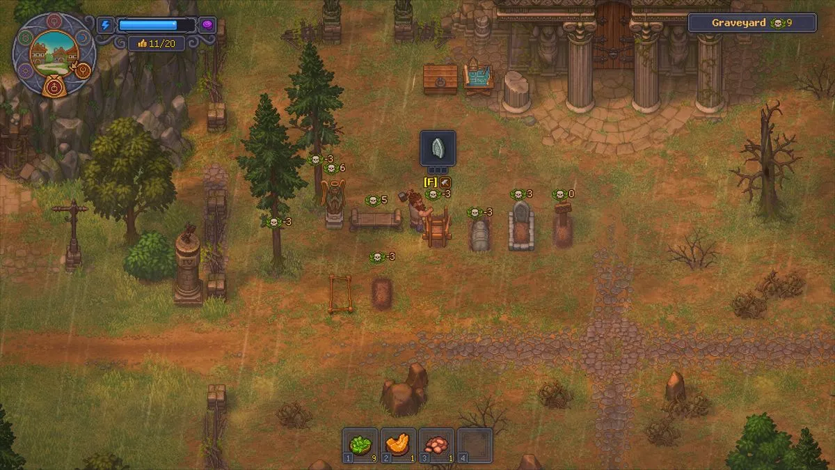 Graveyard Keeper 2 town street during a zombie battle, with undead troops and a wave counter on screen