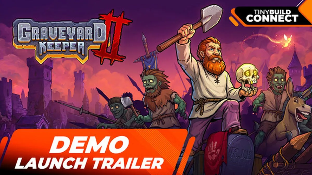 Official Graveyard Keeper 2 demo launch key art on a magenta sky with zombies marching
