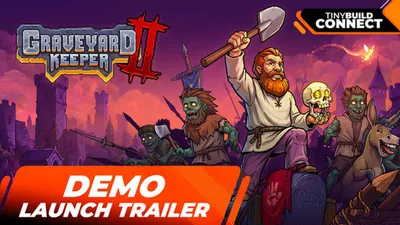 Official Graveyard Keeper 2 demo launch key art on a magenta sky with zombies marching
