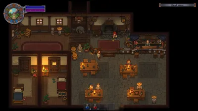 Graveyard Keeper 1 tavern interior from the Stranger Sins expansion, with tables, barrels and customers