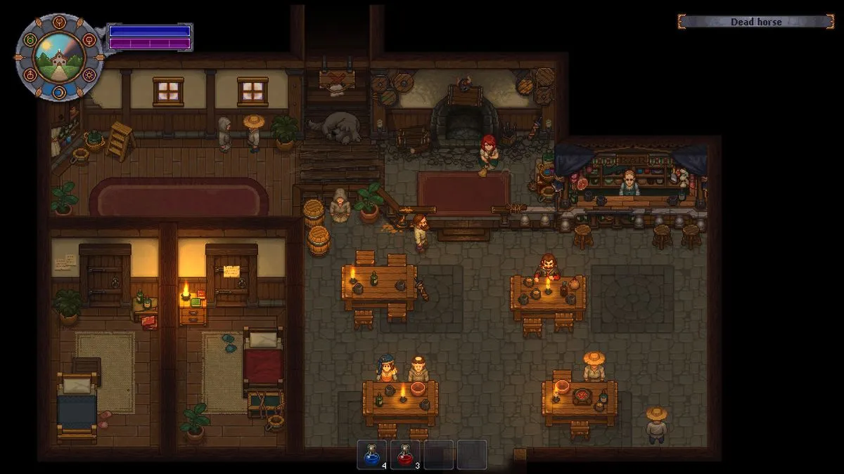 Graveyard Keeper 1 tavern interior from the Stranger Sins expansion, with tables, barrels and customers