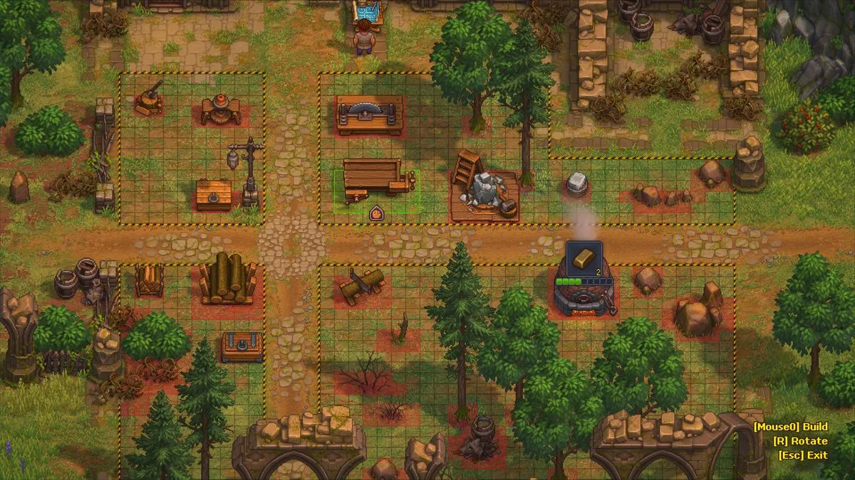 Graveyard Keeper 2 graveyard yard with grave plots, a stone pallet and a jukebox-like machine