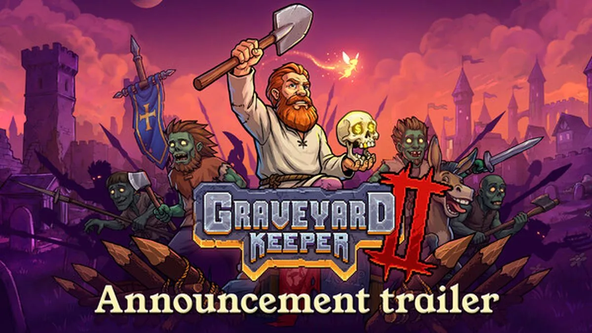 Official Graveyard Keeper 2 announcement key art with the Inquisitor, a talking skull and zombie soldiers