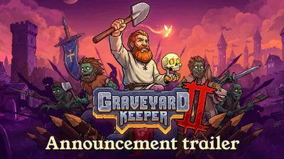 Official Graveyard Keeper 2 announcement key art with the Inquisitor, a talking skull and zombie soldiers