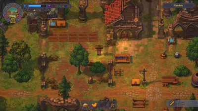 Graveyard Keeper 2 town hub with production buildings, villagers and zombie workers in daylight