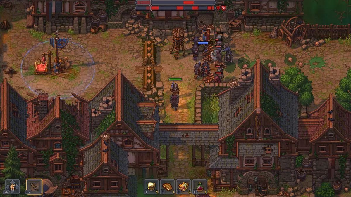 Graveyard Keeper 2 town street with houses, villagers and an entrance gate