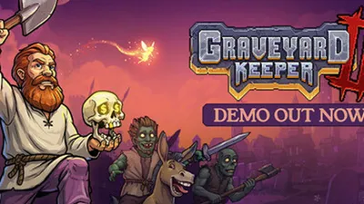 Official Graveyard Keeper 2 store header with the Inquisitor holding a shovel and a talking skull