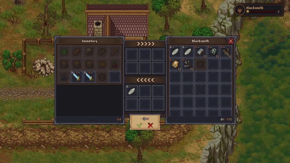 Graveyard Keeper 1 inventory and tool hotbar interface with a shovel, axe and sword equipped