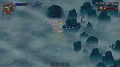 Graveyard Keeper 1 misty forest crossroads with gravestones and a player-built barricade