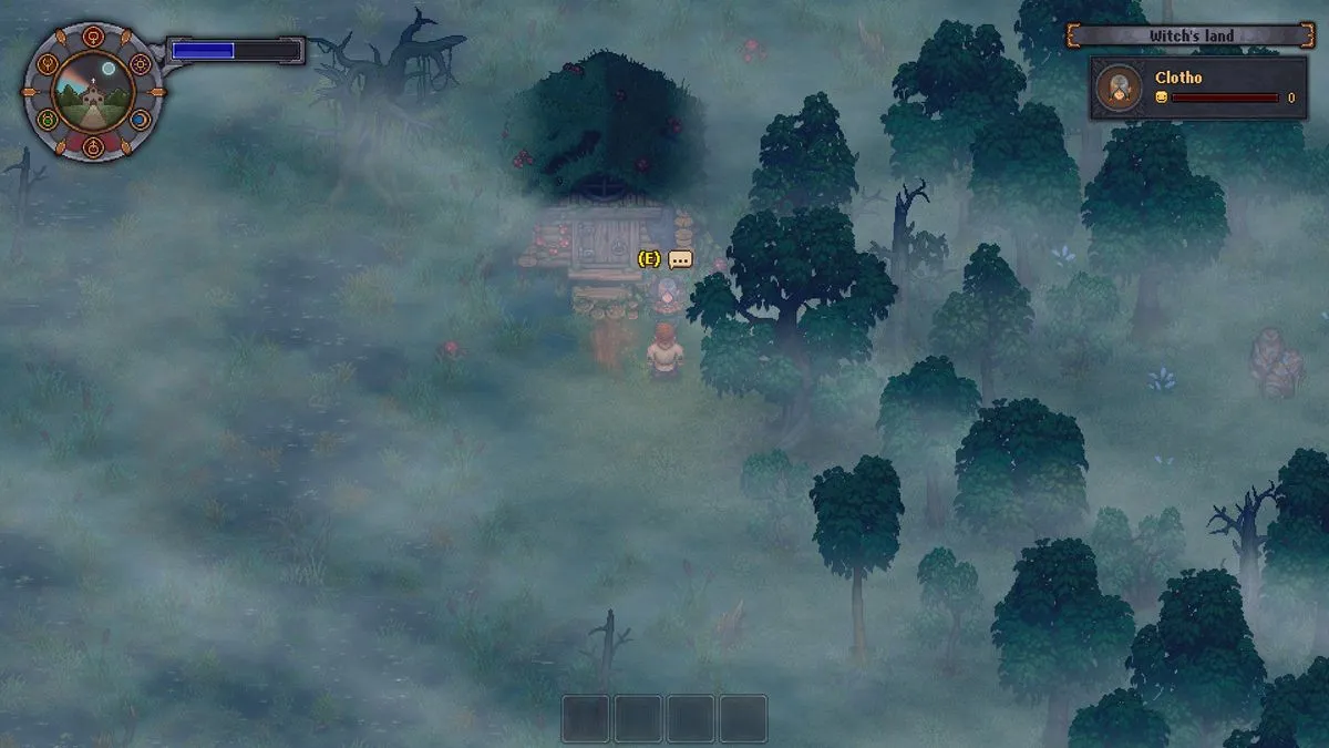 Graveyard Keeper 1 misty forest crossroads with gravestones and a player-built barricade
