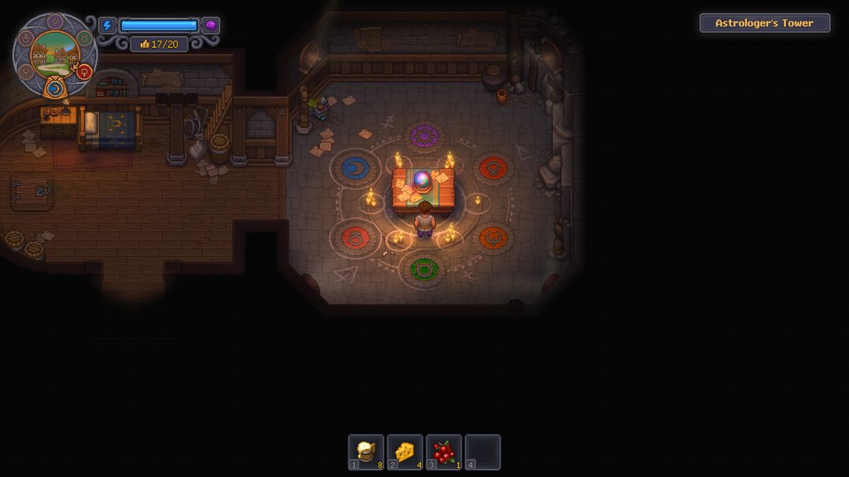 Graveyard Keeper 2 dark stone interior lit by a single warm lantern